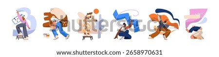 People writing on wall back view set. Talented artists are painting. Creative painters are drawing graffiti. Men and women create abstract art with paint. Flat isolated vector illustrations on white