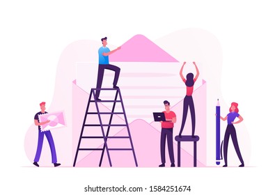 People Writing Paper and Digital Letters Concept. Tiny Male and Female Characters with Pen, Laptop and Postage Stamp Put Paper with Handwritten Text into Huge Envelope. Flat Vector Illustration