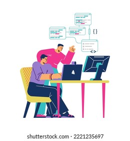 People writing programming code together, teamwork concept - flat vector illustration isolated on white background. Men developing program on computer. Software engineering and web developing.