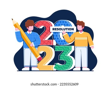 Personas escribiendo resoluciones o haciendo planes o metas para 2023, ilustración conceptual.
Feliz Año Nuevo 2023.
Escribiendo resolución anual del plan.
Puede usarse para Banner, web, medios sociales, marketing, etc