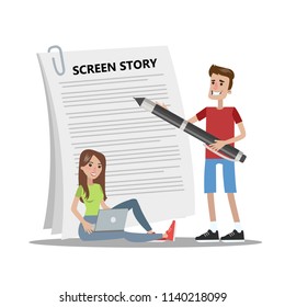 People writing scenario for video blog. Creating script. Isolated vector illustration set.