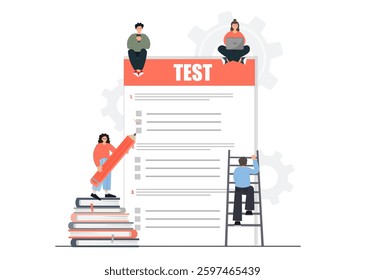 People writing test, teamwork concept, study exam, flat vector illustration