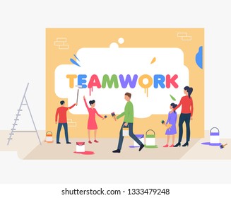 People writing word teamwork on wall. Collaboration, management, teamwork concept, presentation slide template. Can be used for topics like business, management, marketing