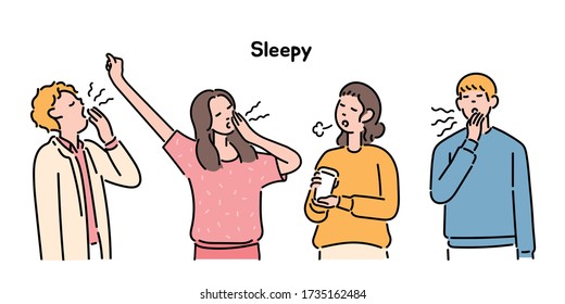 People are yawning with sleepy expressions. hand drawn style vector design illustrations. 