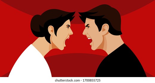 People are yelling at each other. Furious woman screams at angry man. Aggressive conflict between people. Concept of conflict, nervous breakdown, dispute, divorce. Vector illustration modern style.