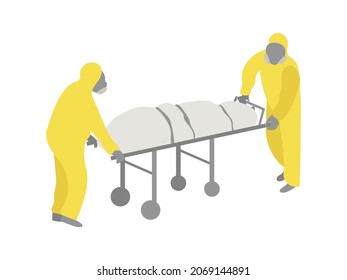 People in yellow protective suits and black masks roll the corpse covered with a cloth on a trolley and take it to the morgue. Infection with the coronavirus virus is dangerous and deadly. Vector.