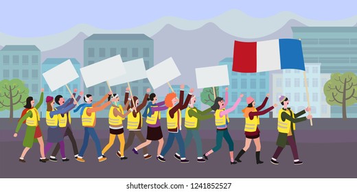 People in yellow vests with french flag. Flat design, vector illustration. Demonstration of yellow vests against a new increase in taxes imposed by the French government.