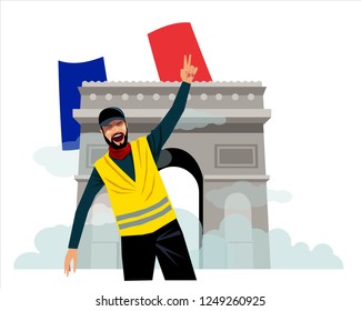 People in yellow vests. In front of Arc De Triomphe. Flat design. Demonstration of yellow vests against a new increase in taxes imposed by the French government.