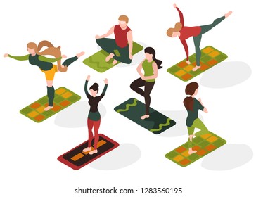 People in yoga asana. Sport training. Recreation. Isometric flat 3d design on white background