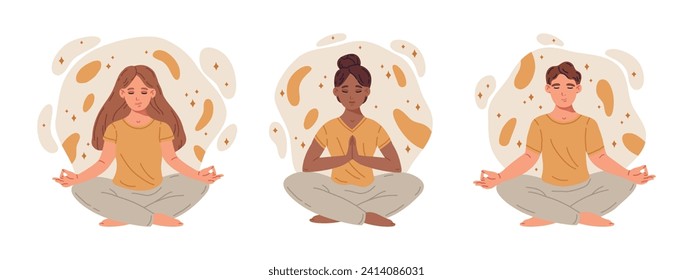 People in yoga pose. Man and woman meditating in yoga lotus pose, relaxation, calm and tranquility flat vector illustration. Meditating characters