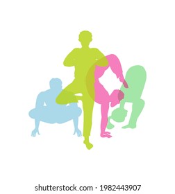 People in a yoga pose, performing various exercises, asanas. Colored silhouettes of men and women, fixed in a specific sports pose. Vector illustration, flat minimal design, isolated.