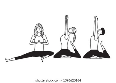 people yoga poses avatars cartoon character ponytail black and white isolated vector illustration graphic design