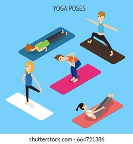 people in the yoga poses Isometric 3D vector. illustration EPS10.