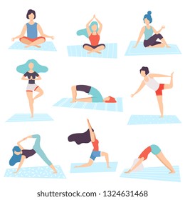 People in Yoga Positions Set, Men and Women Practicing Asana and Performing Yoga Exercises Vector Illustration