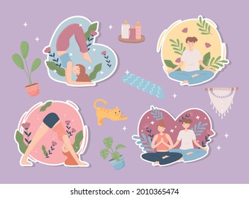 people yoga stickers icon set