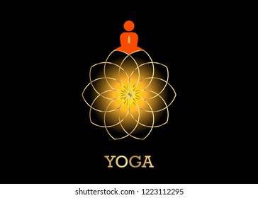 people Yoga Studio Logo and gold Lotus Flower. Emblem icon, Man in lotus pose icon and Health Spa Meditation Harmony Logotype concept. Spiritual search for being Vector illustration isolated or black 