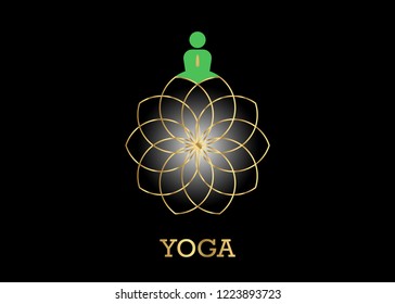 people Yoga Studio Logo and gold Lotus Flower. Emblem icon, Man in lotus pose icon and Health Spa Meditation Harmony Logotype concept. Spiritual search for being Vector illustration isolated or black 