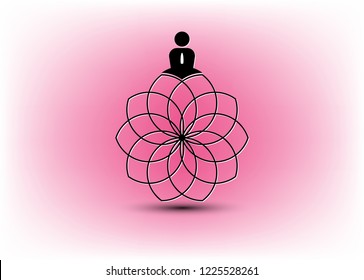 people Yoga Studio Logo and Lotus Flower. Emblem icon, Company name, Man in lotus pose icon and Health Spa Meditation Harmony Logotype concept. Spiritual search for being Vector isolated or rose color