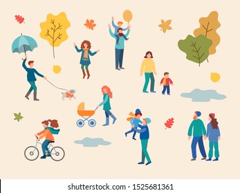 People, Young Couples, Parents With Children Walking In The Autumn Park. The Concept Of A Walk In Autumn. Vector Illustration.