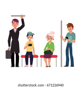 People, young and old, sitting and standing in subway train, cartoon vector illustration isolated on white background. Full length portrait of people, men and women, sitting and standing in subway