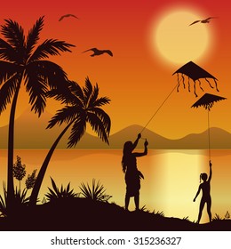 People, young women launching into the sky kite flying on the shore of a tropical beach with palm trees, seagulls and the sun in the evening sky, silhouettes. Eps10, Contains Transparencies. Vector