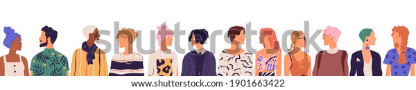 People of younger generation. Crowd of\
diverse young modern men and women isolated on white background.\
Friends communicating together standing in a row. Colored flat\
vector illustration