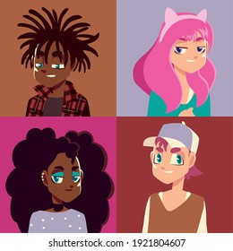 people youth culture girl with pink hair, afro man with dreadlocks vector illustration