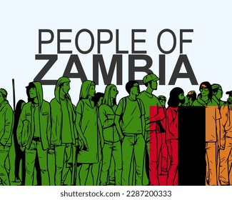 People of Zambia with flag, silhouette of many people, banner of diversity or protest in Zambia, group of person, society and audience concept, gathering idea
