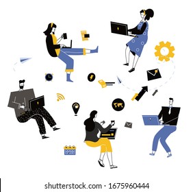 People in zero gravity at work, business and document management, team thinking and brainstorming. Analytics information about the company. Vector illustration in trendy style