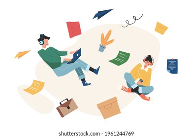 People in zero gravity at work, business and document management, thinking and brainstorming