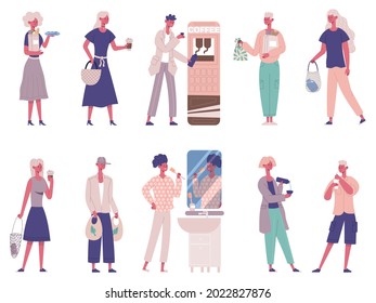 People zero waste, less garbage, protecting environment. Zero waste characters use eco bag, reusable bottle, container vector illustration set. No plastic concept, saving water. Earth protection