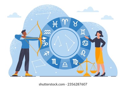 People with zodiac signs concept. Man and woman near wheel with astrological signs. Scorpio, Libra, Sagittarius and Cancer. Horoscope and astrology. Cartoon flat vector illustration