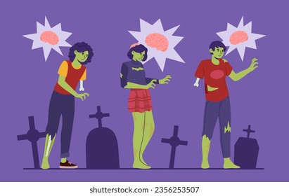 La gente zombie en el concepto de cementerio. Hombre y mujer verde cerca de las tumbas quiere comer cerebros. Halloween, feriado atemorizante y festival. Fantasía e imaginación. Dibujo vectorial plano de dibujos animados