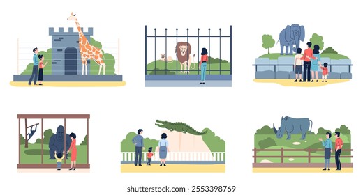 People in zoo. Animal park scenes, family and couples, adults children looking on wild animals. Lion giraffe elephant crocodile in enclosure, flat recent vector scenes