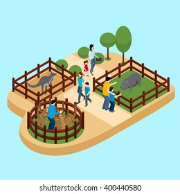 People at the zoo with hippos and lemurs on blue background isometric vector illustration 