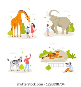 People in the zoo looking at animals and acting with them. Cute wild animals, cheerful people, children cartoon characters flat design. Giraffe, elephant, zebra, tiger isolated. Infographic elements.