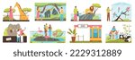 People at zoo looking at different animals flat compositions set isolated vector illustration
