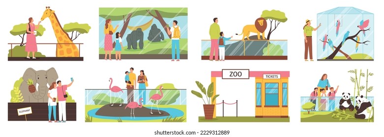 People at zoo looking at different animals flat compositions set isolated vector illustration