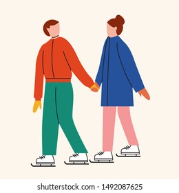 Peopleice  skating. Cute couple of man and woman wearing skates and holding hands. Flat vector illustration.