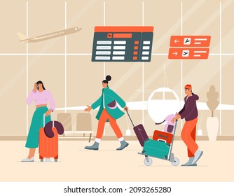 People,passengers walking at the airport with baggage. Tourists waiting for the flight. Flat vector illustration 