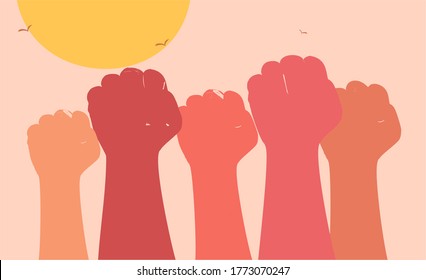 People's arms raised in the air with clenched fists against the sunset. Diversity, inclusion and social justice concept.
Symbol of human rights protests, campaigns, anger, strength and solidarity.