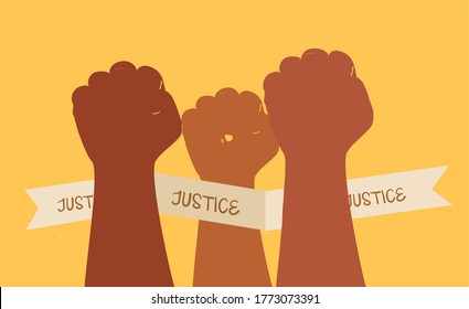 People's arms raised in the air with clenched fists - protesters demanding justice. Diversity, inclusion and social justice concept.
Symbol of human rights, campaigns, strength and solidarity.