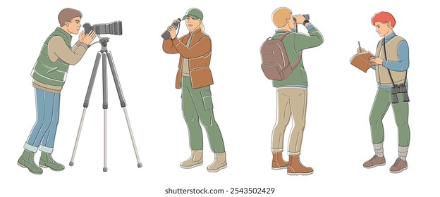 Peoples birdwatching, man and women with binoculars, camera, spotting scope and notepad in outdoor clothes