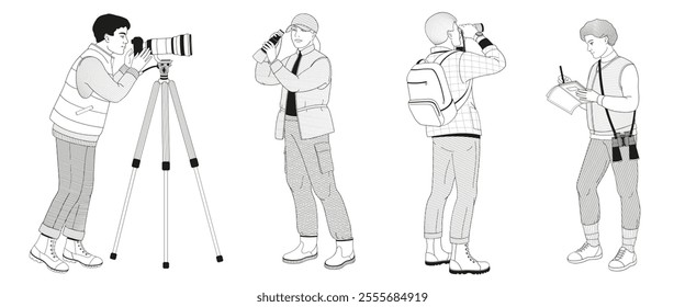 Peoples birdwatching, man and women with binoculars, camera, spotting scope and notepad in outdoor clothes	