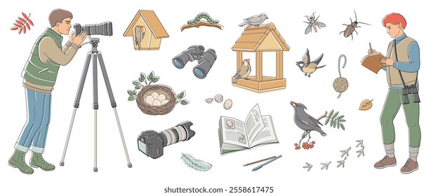 Peoples birdwatching, man and women with binoculars, camera and notepad in outdoor clothes and set elements about birdwatching 