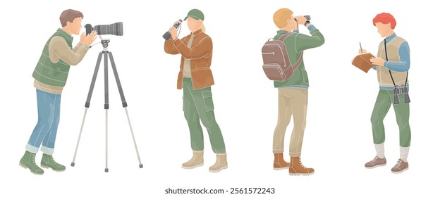  Peoples birdwatching, man and women with binoculars, camera, spotting scope and notepad in outdoor clothes