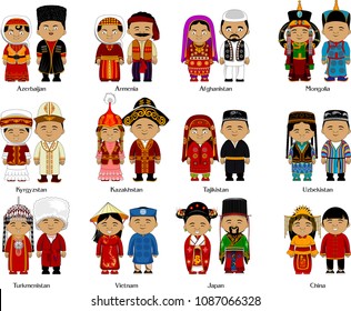 Peoples of the Caucasus and Asia in national dress, vector and illustration