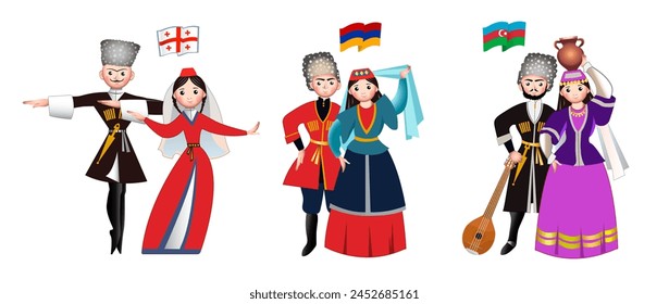 Pueblos del Cáucaso. Disfraces nacionales de Georgia, Armenia y Azerbaiyán. Ilustración vectorial