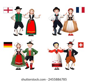 Peoples of Central Europe. National costumes of England, France, Germany and Switzerland. Vector illustration