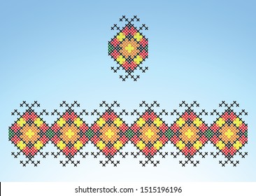 People's cross stitch, many color embroidery, ancient ornaments, traditional palette.